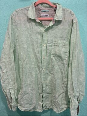Tommy Bahama Lightweight Button-Up Shirt Green Linen summer resort XL